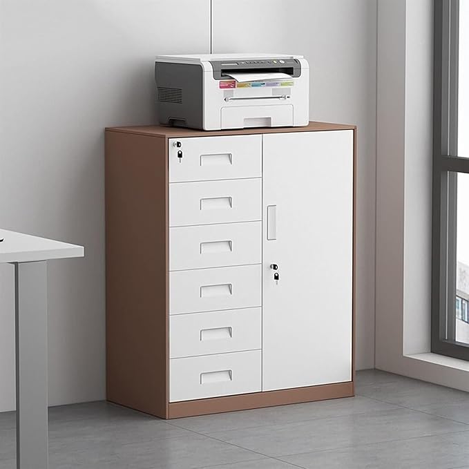 File Cabinet with Lock 6-Drawer Low Cabinet Side Cabinet Office Steel Filing Cabinet Coffee Color Under Desk Storage