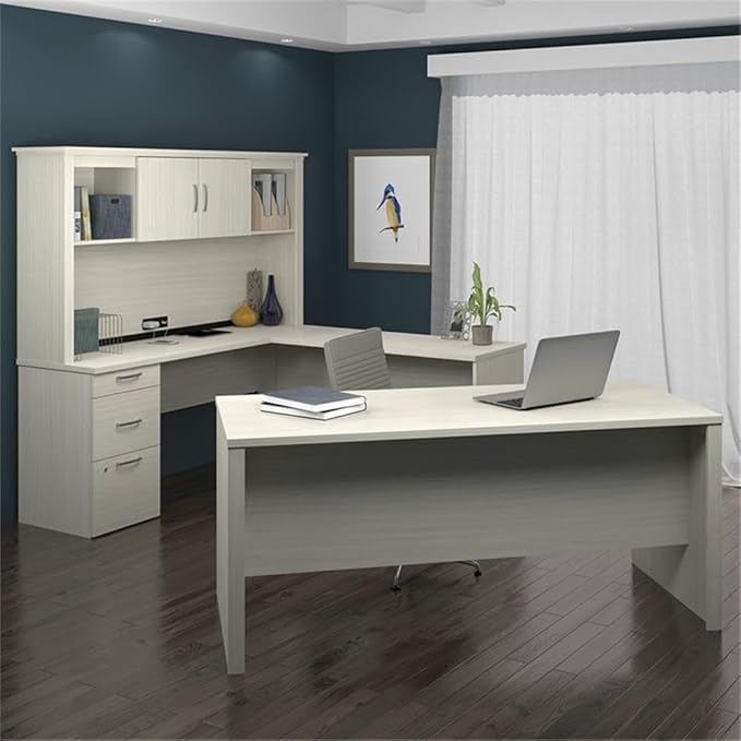 Atlin Designs 66 W x 95.5 D Modern Contemporary U-Shaped Wood Computer Desk with Hutch for Home Office Fully Reversible Unit in White &amp Chocolate Finish