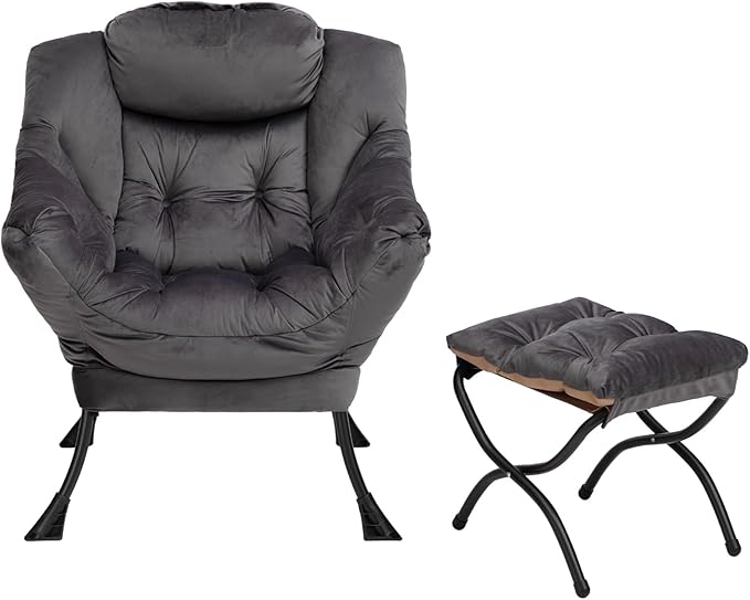 HollyHOME Lazy Chair with Foldable Ottoman Accent Comfy Lounge Armchair and Folding Footrest Stool Leisure Sofa Reading Chair and Footstool for Living Room Bedroom DormVelvet Smoky Grey