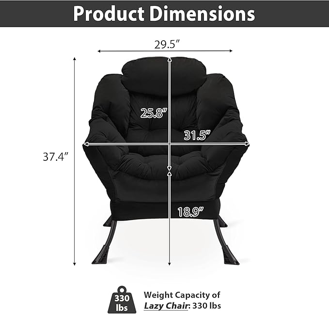 Lazy Chair Thick Padded Comfy Velvet Accent Lounge Chair with Stable Frame Leisure Sofa Armchair with Armrests and Side Pocket Reading Chair for Bedroom Living Room Office Black