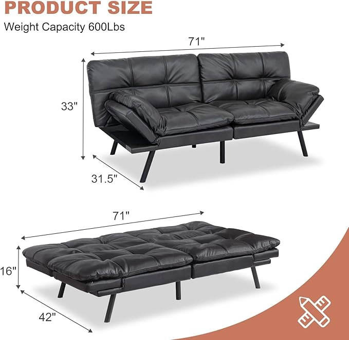 MUUEGM Futon Sofa Bed Couch Convertible Futon Memory Foam Futon Couch Bed Modern Sofa Couch Love Seat Sleeper Sofa for Small SpaceLiving RoomOfficeAdjustable Backrests&ampArmrests SofabedBlack