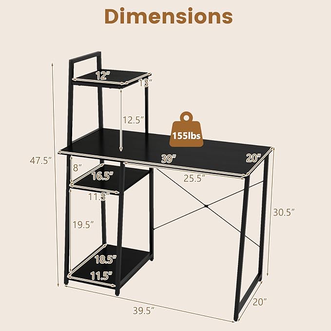 Tangkula Computer Desk with Shelves Space Saving Home Office Desk with 3-Tier Ladder Shaped Storage Bookshelf Modern Writing Study Desk with Metal Frame Compact Computer Workstation (Black)