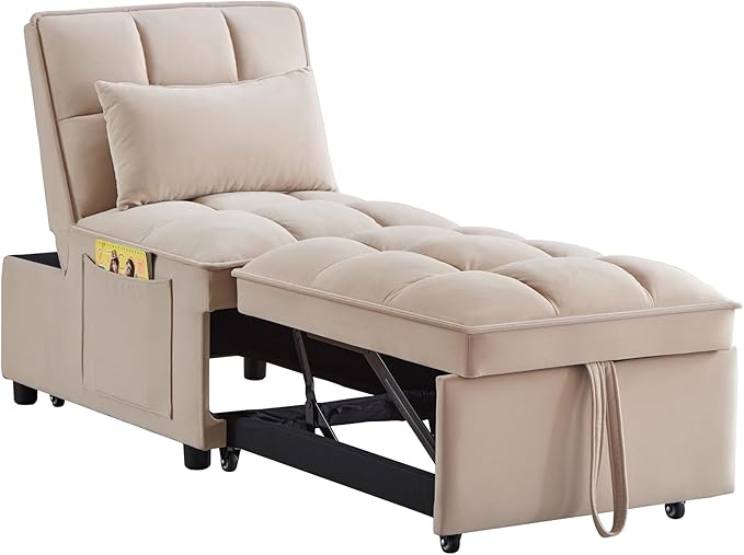 Multi-Function Convertible Single Sleeper Sofa Bed with Storage PocketsVelvet Tufted Pull-Out Couch Bed 4in1 W/Adjustable Backrest &amp PillowsChaise Lounge for Living RoomSmall SpaceTaupe