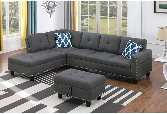 Devion Furniture Polyester Fabric Sectional Sofa with Lift-top Storage Ottoman Tufted Design in Gray Finish