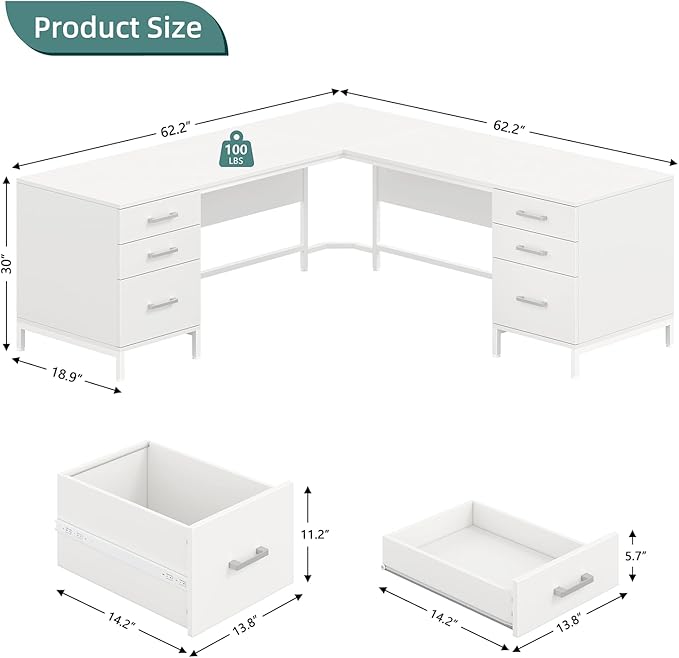 TVU 59’’ L Shaped Desk with 6 Wooden Drawers Large Home Office Corner Computer Desk with Storage File Cabinet Modern Metal Wood Desk for Executive Writing Study Workstation White