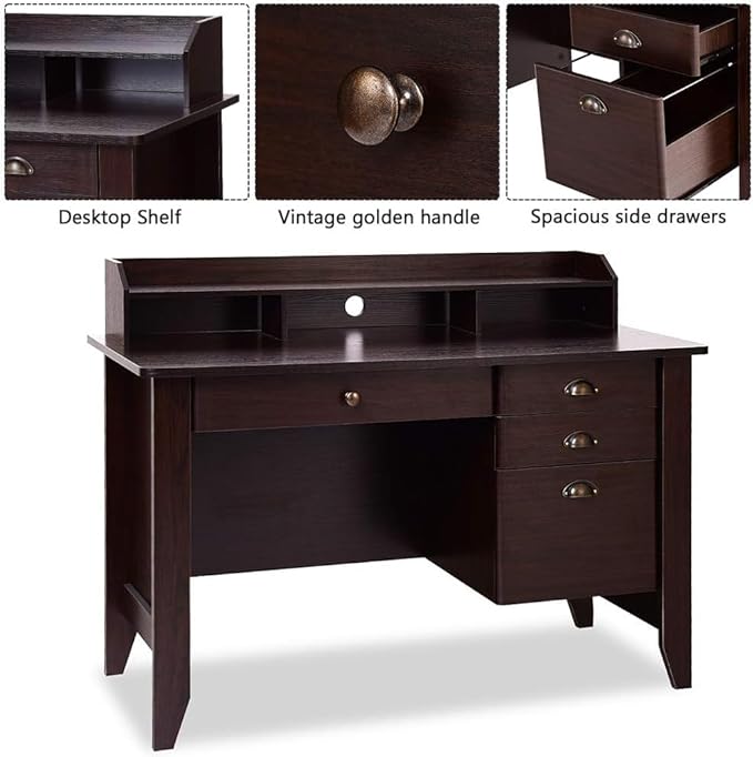 Safeplus 48 Computer Desk with 4 Storage Drawers and Hutch Wood Executive Table for PC Laptop
