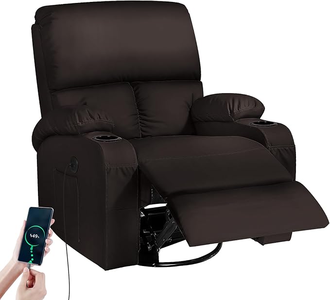 Rocking Recliner Chair Massage Rocker Recliner Chair with Vibration Massage and Heat USB and Type-C Ports360° Swivel Faux Leather Chairs Living Room Bedroom Nursery RV Brown