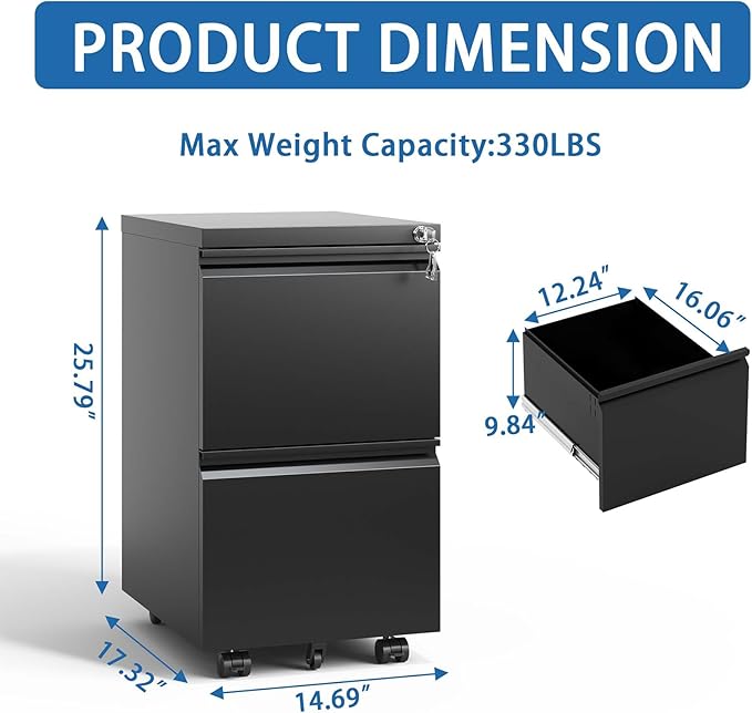 2 Drawer Mobile File Cabinet Rolling Vertical Metal Filing Cabinet with Lock for Home Office A4/Letter/Legal Size Folder Fully Assembled Except Wheels Black