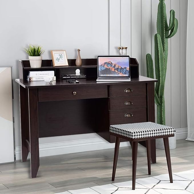 Safeplus 48 Computer Desk with 4 Storage Drawers and Hutch Wood Executive Table for PC Laptop