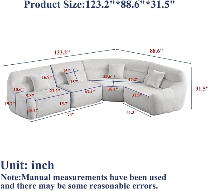 123 L-Shaped Corner Sectional Sofa with Curved Edge Modern Chenille Modular Cloud Couch High Back Oversized 4-Seater with 4 Pillows No Assembly Required Beige