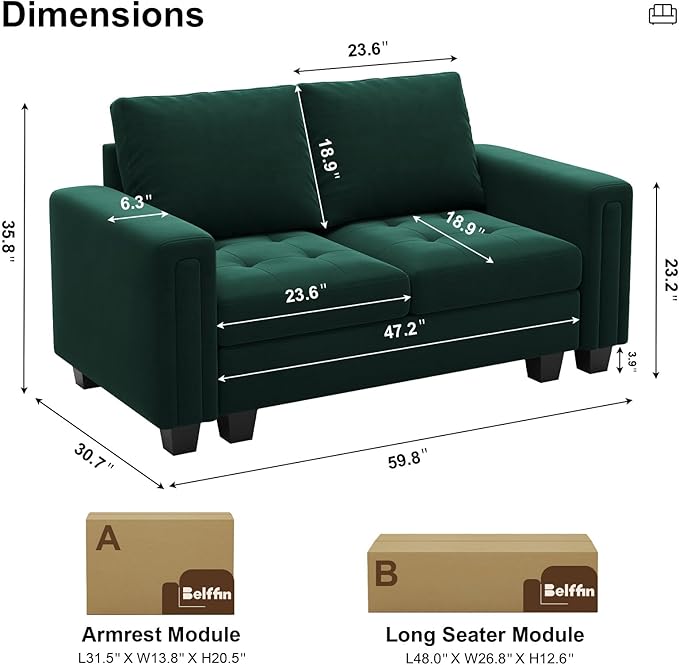 Belffin Velvet Modular Loveseat Sofa Couch 2 Seater Sofa Love Seats for Small Space Green
