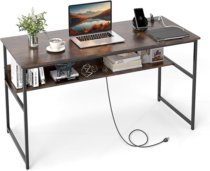 Giantex 55 Inch Computer Desk with Charging Station Gaming Desk with Storage Bookshelf Large Computer Workstation w/Heavy Duty Metal Frame Modern Study Writing Desk for Home Office (Rustic Brown)