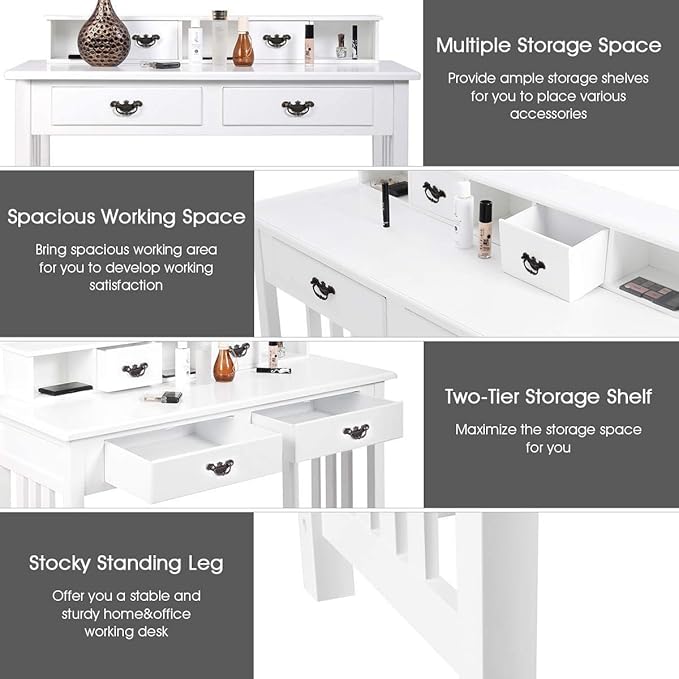 LDAILY Moccha Writing Desk with 4 Drawers Solid Pine Wood Legs Makeup Vanity Dressing 2-Tier Hutch Removable Floating Organizer Console Table Home Office Computer Spacious Work Station White