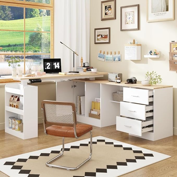 63 Large Electric Standing Office Desk with Drawers Modern Executive Deep L Shaped Computer Raising Stand up Desk with Shelves Storage for Home Office Adjustable Height White &amp Natural