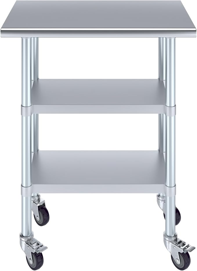 AmGood Stainless Steel Work Table with 2 Shelves and Casters | Metal Utility Table On Wheels (Stainless Steel Work Table with 2 Shelves + Casters 30 Long x 18 Deep)