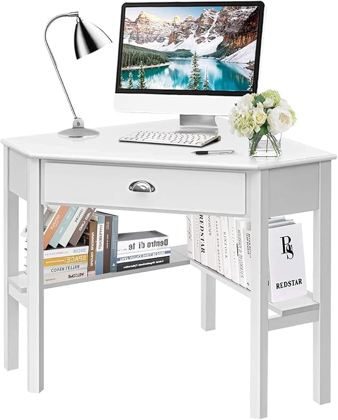 HOMGX Corner Desk With Storage Drawer and Shelves - Writing and Study Computer Workstation for Home Office White
