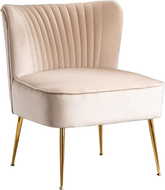 WO Home Furniture 25 Wide Tufted Velvet Accent Chair with Rust Resistant Golden Metal Legs Premium Quality Rust Resistant Seat for Your Den Living Room Bedroom Inside Area (Tan)