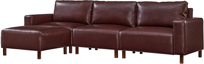 KEIKI PU Leather Sectional Couch Sofa Set Luxury 4 Seater Modular Sleeper Couches with Ottoman Corner Comfy Convertible L-Shaped Sofabed for Office Living Room Lounging Easy Assembly Burgundy