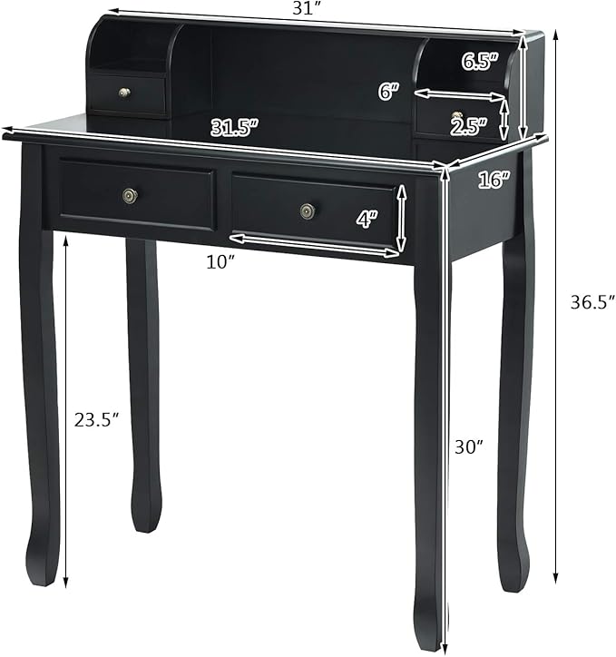 Byroce Small Writing Desk with Removable Hutch 2-Tier Vanity Table with 4 Drawers 3 Cubbies &amp Pine Wood Legs Study Computer Desk for Bedroom Home Office (Black)