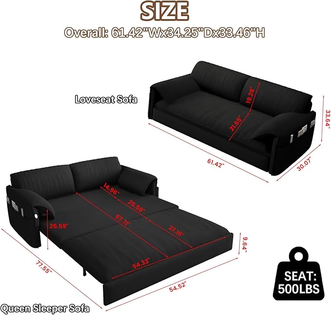 Gexpusm Futon Sofa Bed Queen Size3-in-1 Convertible Sleeper SofaPull Out Bed with Side PocketLoveseat CouchModern Futon Couch for Living RoomSmall SpaceApartmentBedroom (Black Velvet 61) | Fu