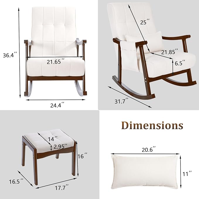 NOBLEMOOD Upholstered Rocking Chair with Ottoman Modern Indoor Nursery Glider Rocker Chair Solid Wood High Back Armchair with Fabric Padded Seat for Living Room Bedroom