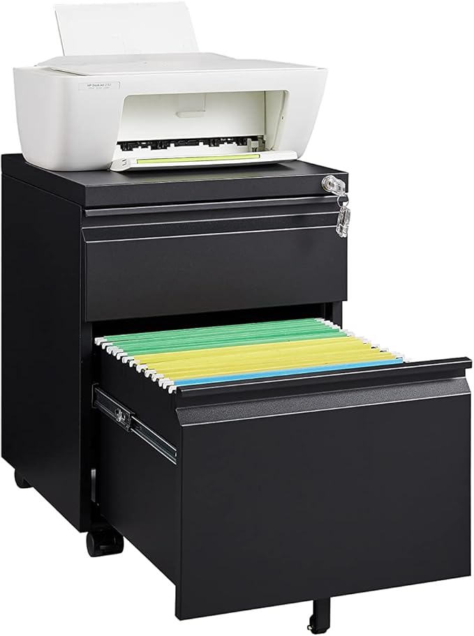 Mobile File Cabinet 2-Drawer Pedestal with Lock for Storage Use for Home Office and Business EnterpriseLegal/Letter Size Blackwith 5 Wheelswith Leather Cushion