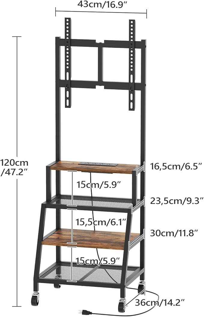 Rolling TV Stand with Mount Corner TV Console with Wheels Up to 55 Inches Entertainment Center with Storage Small TV Stand with Power Outlet for Living Room Rustic Brown TVHR117E01