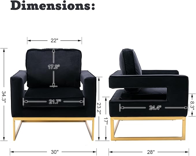 LukeAlon Elegant Velvet Accent Club Chair Upholstered Armchair with Gold Metal Legs Modern Single Sofa Chair Comfy Reading Chair with Open Back for Living Room Bedroom Black