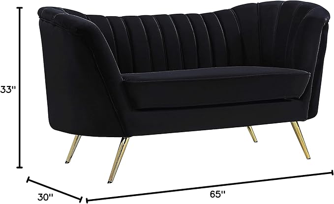 Meridian Furniture Margo Collection Modern | Contemporary Velvet Upholstered Loveseat with Deep Channel Tufting and Rich Gold Stainless Steel Legs Black 65 W x 30 D x 33 H