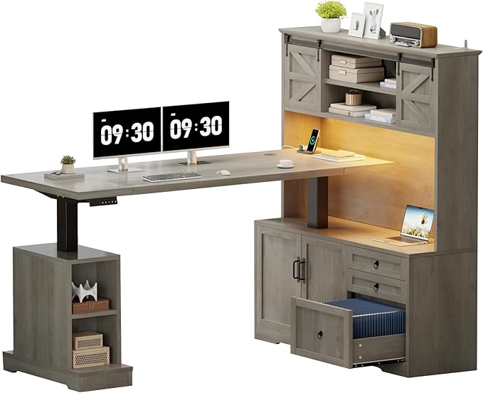 70.86 Farmhouse L Shaped Standing Desk with Hutch Electric Height Adjustable Desk with Storage Corner Computer Desk with File Drawer Power Outlets LED Gaming Desk with Sliding Door Grey