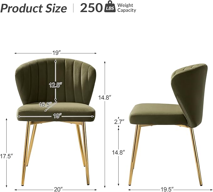 HULALA HOME Velvet Dining Chairs Modern Small Armless Accent Chair with Gold Metal Legs Living Room Upholstered Cute Side Chair Elegant Tufted Back Vanity Chair for Bedroom Moss