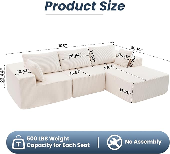DUMOS 108” Modular Sectional Sofa Cloud Sectional Couch with Deep Seat Modern Modular L-Shape Sofa Couch with ChaiseUpholstered Boneless Couches for Living Room Bedroom (BeigeRight Facing Chaise)