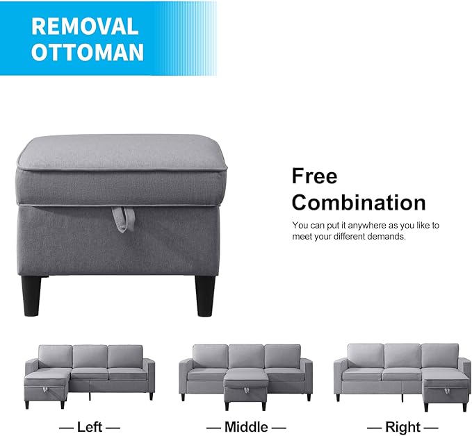 PUREMIND 2 Piece Living Room Sofa Set Modern L Shaped Sectional Sofa and Chair Sets Linen 3 Seater Couch with Storage Ottoman + Single Chair Furniture Couch Sets for Living Room Apartment