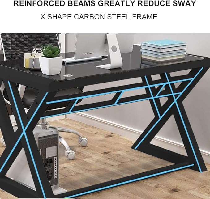 NA Glass Computer Desk with Metal Frame Home Office Desks Computer Table Modern Simple Office Study Gaming Work Writing Desk Table for Home Office Black (X-Shape-55.1inch)
