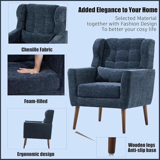 Modern Accent ChairChenille Arm Chairs for Living RoomUpholstered Mordern ArmchairComfy Soft Padded Lounge Chair in Small Space Bedroom w/Pillow Solid Wood Leg (Dark Blue + Chenille)