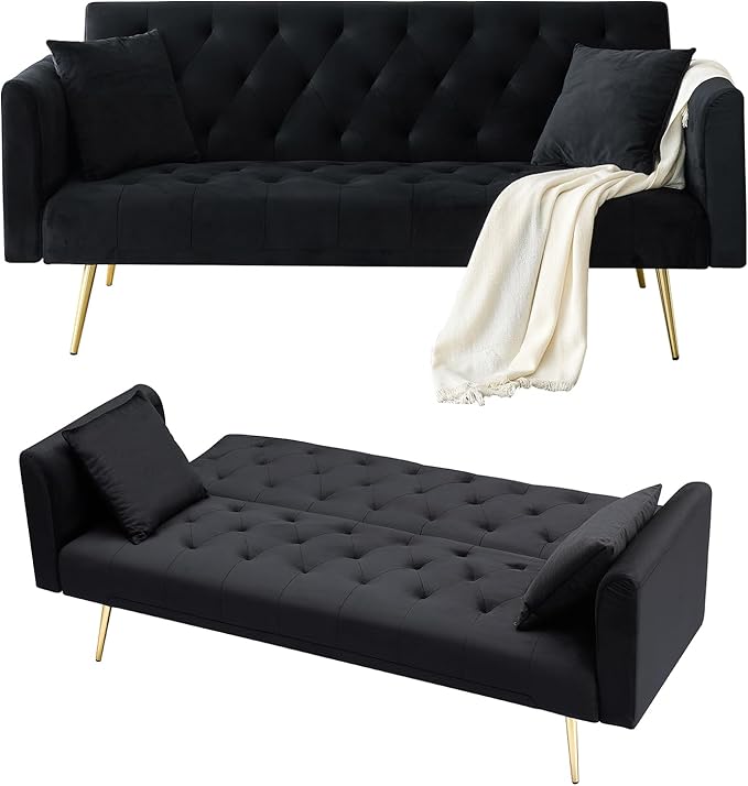 71Convertible Futon Sofa Bed - Modern Velvet Sleeper Couch with Adjustable Backrest Tufted Recliner with Golden Chrome Legs &amp 2 Pillows Perfect for Small Spaces Living Room &amp Apartment (Bl