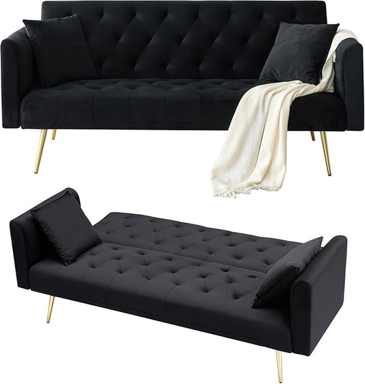 71Convertible Futon Sofa Bed - Modern Velvet Sleeper Couch with Adjustable Backrest Tufted Recliner with Golden Chrome Legs &amp 2 Pillows Perfect for Small Spaces Living Room &amp Apartment (Bl