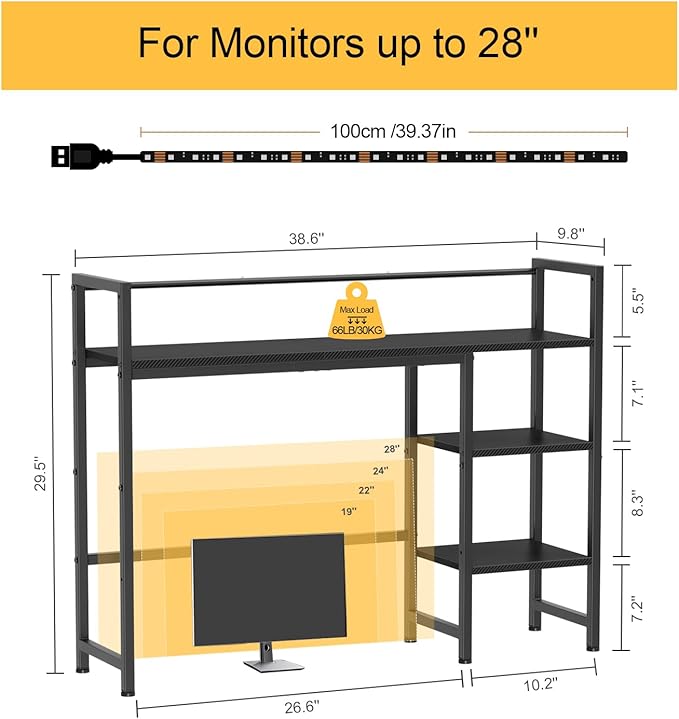 Snughome Desk Shelf with LED Strip 38.6 Desktop Organizer Shelf Desk Hutch for Computer Monitor 4 Tier Desk Display Rack Wood Desktop Bookshelf Storage Rack for Home Office Dorm
