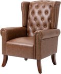Faux Leather Accent Chair Mid-Century Armchair Upholstered Club Sofa Chair with Wooden Legs High Back Living Room Chair for Bedroom Office Lounge (Brown)