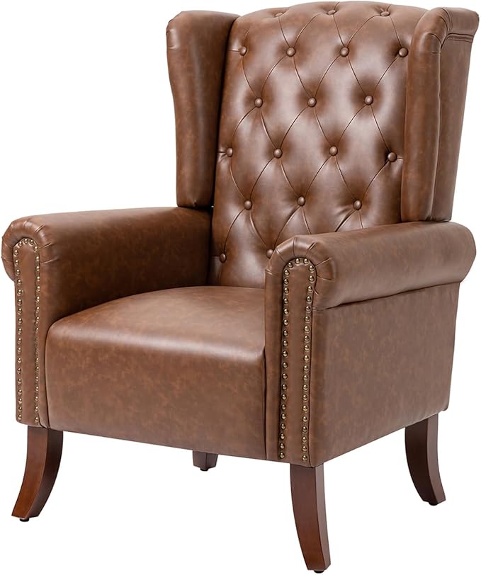Faux Leather Accent Chair Mid-Century Armchair Upholstered Club Sofa Chair with Wooden Legs High Back Living Room Chair for Bedroom Office Lounge (Brown)