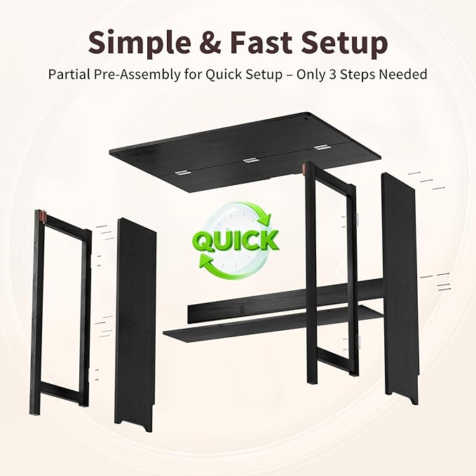 Bamboo Foldable Desk Folding Desks for Small Spaces Mid Century Small Computer Desk with Bookshelf for Bedroom Home Office Black
