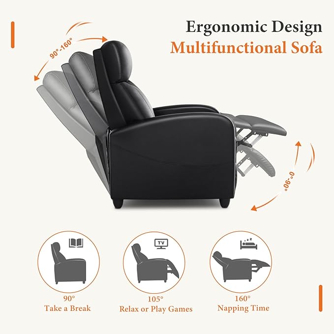 Sweetcrispy Recliner Chair PU Leather Recliner Sofa No Massage Home Theater Seating with Lumbar Support Adjustable Push Back Overstuffed High-Density Sponge Reclining for Living Room Black