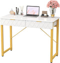 WESTREE 40 White and Gold Desk with 2 Drawers and Storage Shelf Modern Makeup Vanity with Glossy Desktop Gold Metal Frame Writing Desk for Bedroom or Home Office No Mirror
