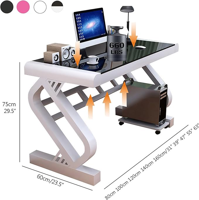 Tempered Glass Computer DeskModern Office Desk with Glass Top &amp Z-Shaped Metal FrameSturdy Writing Desk Table Study DeskGaming Desk Computer Desk for Home Office Workstation