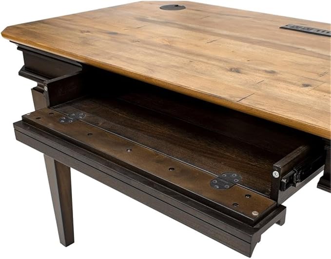 Pemberly Row Executive Writing Desk 54 in Wood Top Brown Finish Antique Bronze Hardware Dropfront Keyboard Drawer USB/AC Power Center Finished on All Sides Home Office Desk