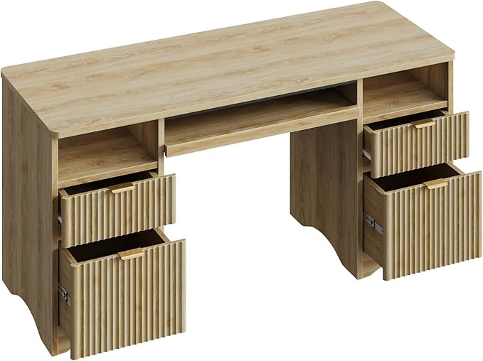 Bestier Computer Desk with Keyboard Tray 59 inch Office Desk with 4 Drawers Modern Home Office Desk with File Drawer (Natual Oak 59 W with Double-Sided Drawers)