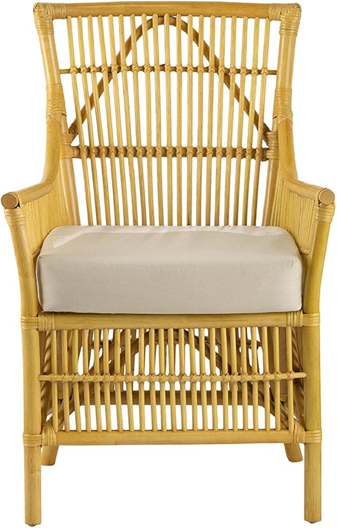 A and B Home 37.8 H Yellow and White Rattan Indoor Arm Chair w/Soft Thick Cushion Traditional Style Chair Side Chair