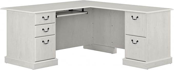 Bush Home Saratoga L Shaped Computer Desk with Drawers and Storage in Linen White Oak | Large Corner Office Table for Workspace
