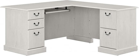 Bush Home Saratoga L Shaped Computer Desk with Drawers and Storage in Linen White Oak | Large Corner Office Table for Workspace