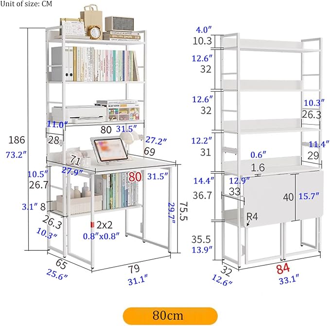 2-in-1 Bookshelf Desk Combo Folding Desk with Storage Shelf 5 Tier Bookshelf with Foldable Table White Carbon Steel Storage Rack with Wood Writing Desks for Home Office (31.5″)